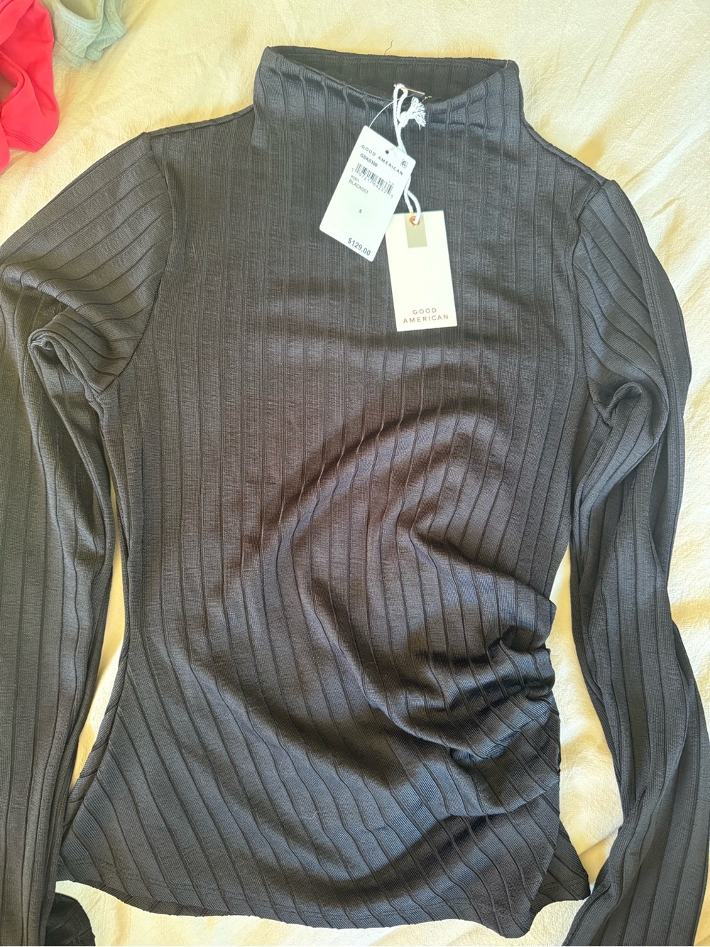 Good American Black Ribbed Mock Neck Long Sleeve Top
